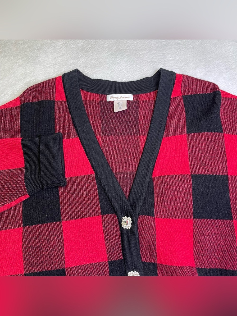 Tommy Bahama Women XL Buffalo Plaid Cardigan Rhinestone Button Sweater